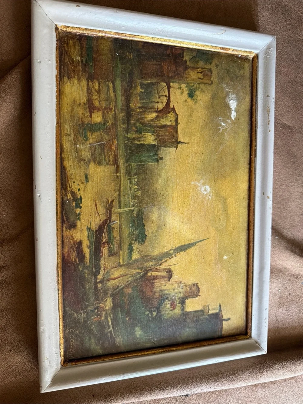 Vintage Coastal Oil Painting in Cream Frame